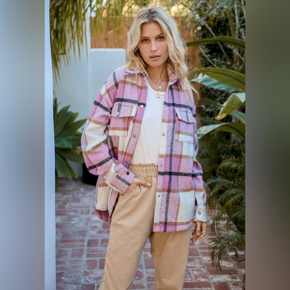 Lulus Choose Your Vibe Pink Plaid Shacket - size small